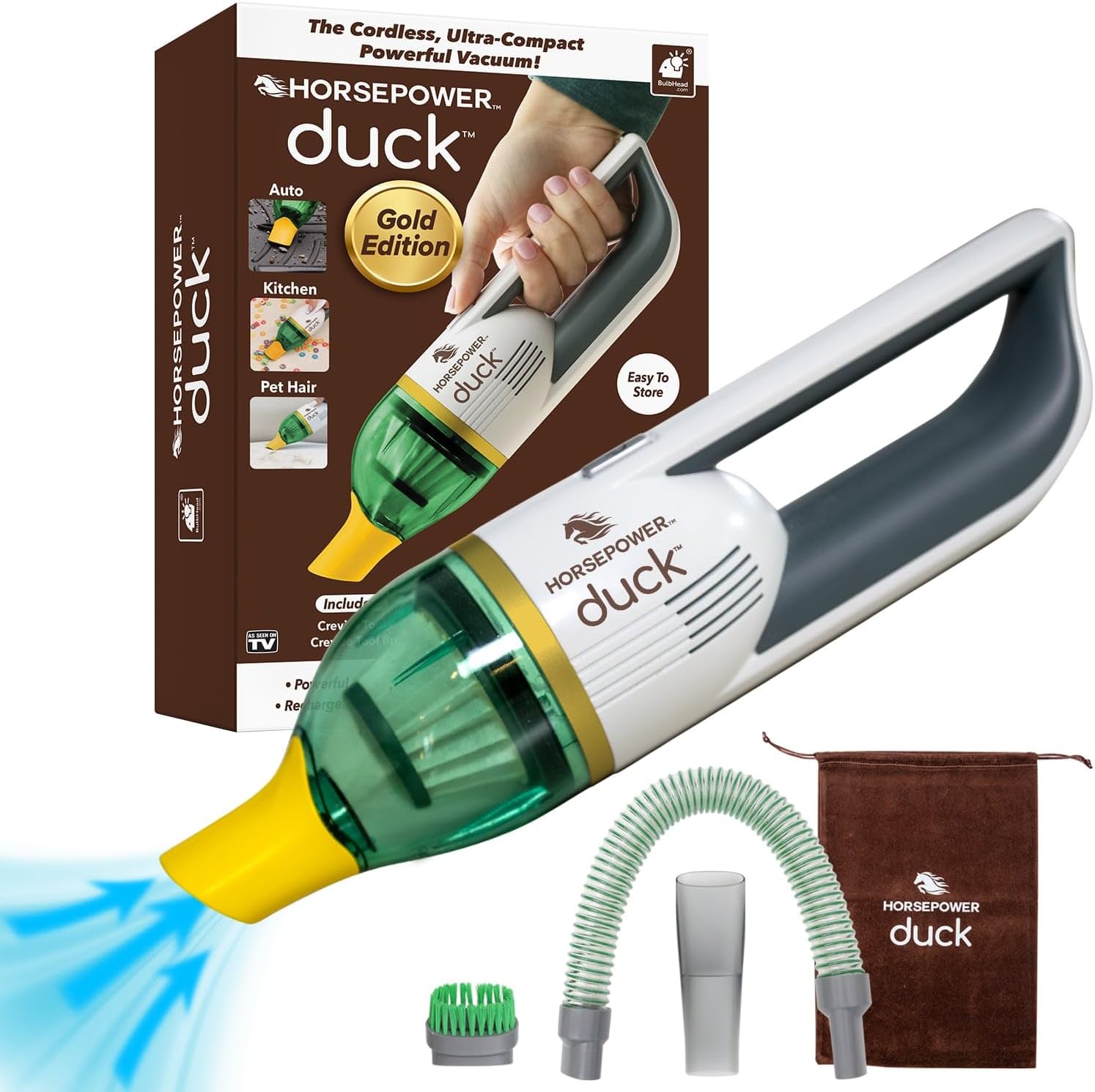 - Horsepower Duck Compact Cordless Vacuum, Ultra-Powerful Upgraded Battery for Extra-Long Run Time, AS SEEN ON TV, Strong Suction, Easy to Store, Portable & Rechargeable. Home & Auto (Duck Gold)