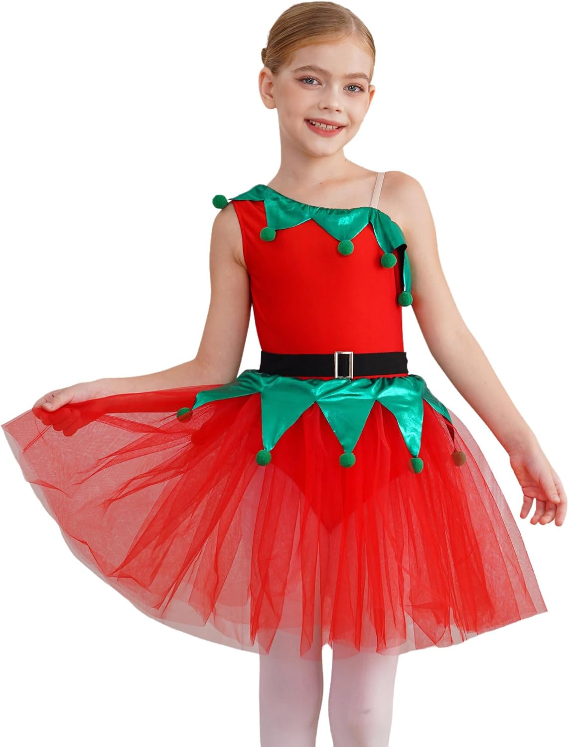 Moily Kids Girls Christmas Dance Dress Sleeveless Pom Poms Mesh Tutu Skirt Cavegirl Leotard with Belt Dancewear