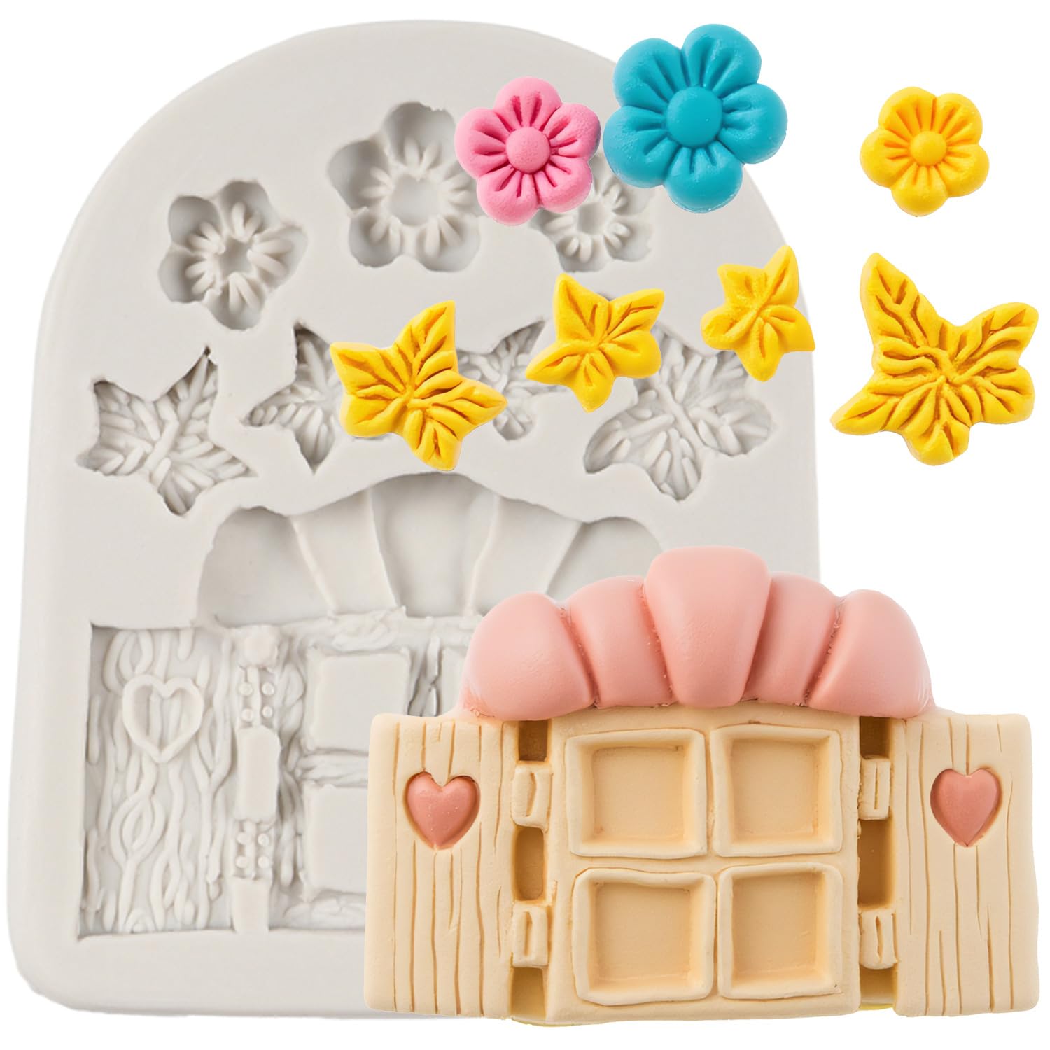 Sijiangmold Vintage Fairy Garden Silicone Moulds Fairy Home Window Fondant Mould Flower Leaf Mould for Cake Decoration Chocolate Cupcake Topper Candy Polymer Clay Gum Paste