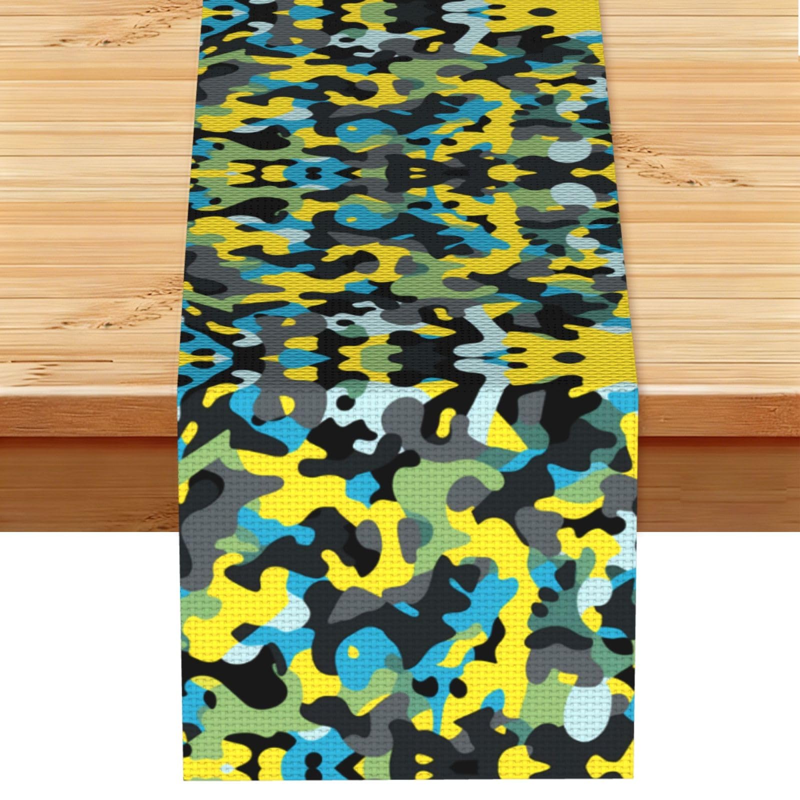 Vivid Yellow Blue Camo Printed Table Runner 13 x 72, Wrinkle Resistant Decor for Dining Table Coffee Table Fireplace