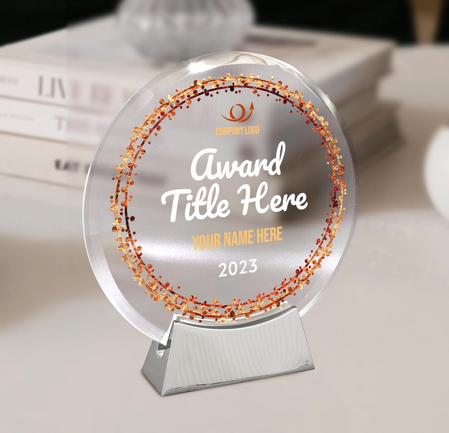 Personalized Round Platinum Glass Plaque, Glass Awards Plaque for Retirement and Employee of the Month, Leadership Gifts, 6 1/4" (Design C)