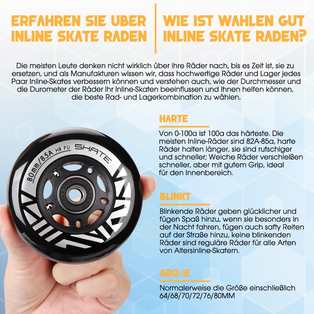 Inline Skate Rollen 80mm 76mm 72mm - 8 Stück Inline Skate Räder 85a inliner rollen mit kugellager ABEC9 | Inliner Skate Räder für K2 Hudora Gonex Apollo (B Silber, A 80MM)