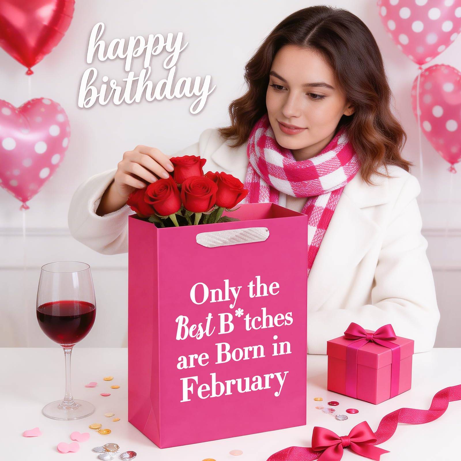 WRAPAHOLIC 13" Large Funny Birthday Month Gift Bag with Tissue Paper - Best Bitches Born in February Humor Bday Gift Bags for Women Best Friends Birthday