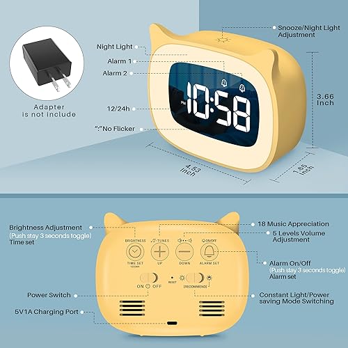Miniatura 7 de Reloj despertador para niños con luz nocturna y 18 tonos de llamada, recargable, lindo reloj con orejas de gato para regalos de cumpleaños de niños