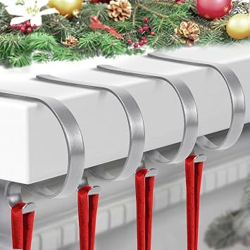 Christmas Stocking Holder,4 Pack Stocking Holders for Mantle,Non-Slip Stocking Holders for Christmas Decorations,Lightweight Stocking Hangers for Mantel Fireplace 4 Pack Light Silver