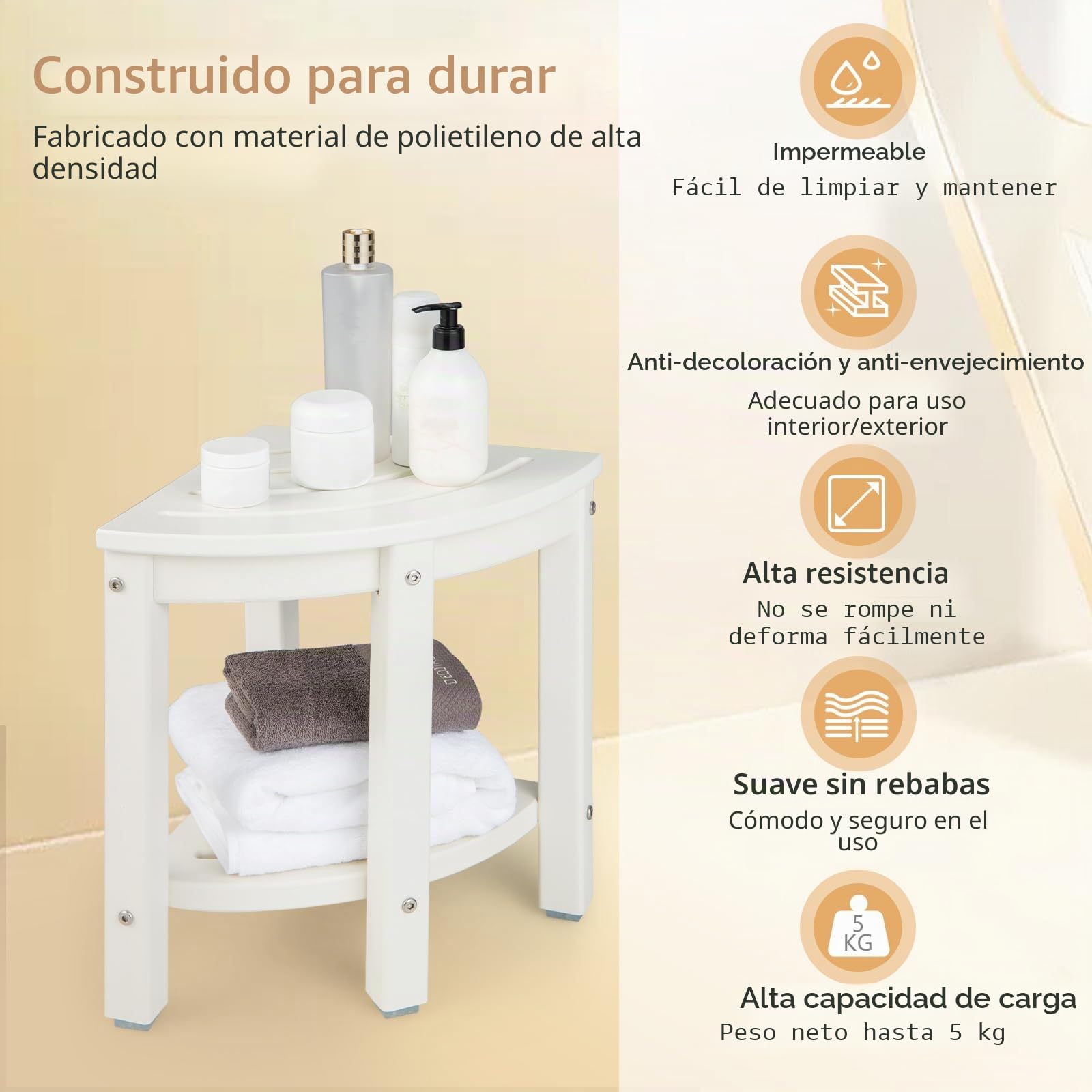 GOPLUS Taburete de baño esquinero con estante, banco de ducha en forma de abanico, taburete para baño, balcón, soporta hasta 150 kg (blanco)