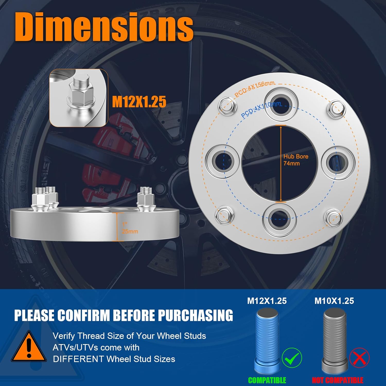 GAsupply 4x110 to 4x156 Wheel Adapters 12x1.25 Studs Fit for UForce ZForce Snarler Viking Wolverine YXZ1000R, 1 inch 25mm 4x110mm to 4x156mm ATV Wheel Spacer Adapter 74.1mm Hub Bore, 4pcs