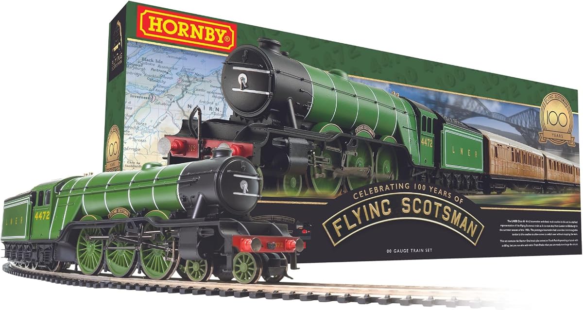 Set de tren eléctrico - R1255M The Flying Scotsman Clase A1 - Ancho OO | Juegos de iniciación a trenes, trenes antiguos para adultos, modelo pequeño de pasatiempo para adultos, con vías, MidiMat, vía de conexión, controlador