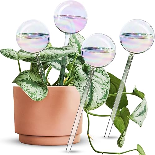 4 piezas Sistema de riego automático de vidrio transparente iridiscente color degradado arcoíris claro, bombillas automáticas para regar plantas
