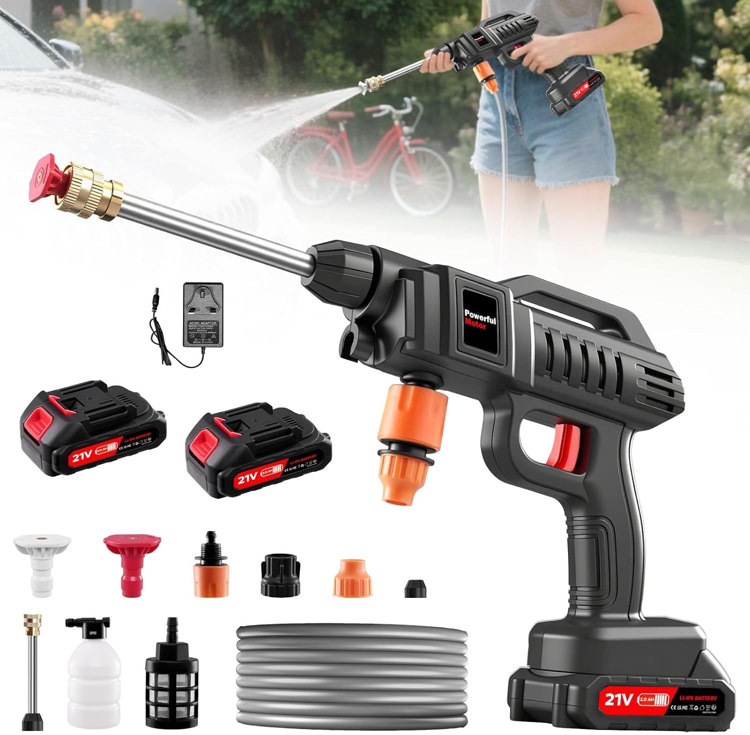 Cordless Pressure Washer Battery Powered, 1500W Portable Power Washer, 60Bar/870PSI Electric Pressure Washer Handheld High Pressure washers Gun with 2 Nozzles, 2 Battery, 5m Hose Cordless Jet Washers