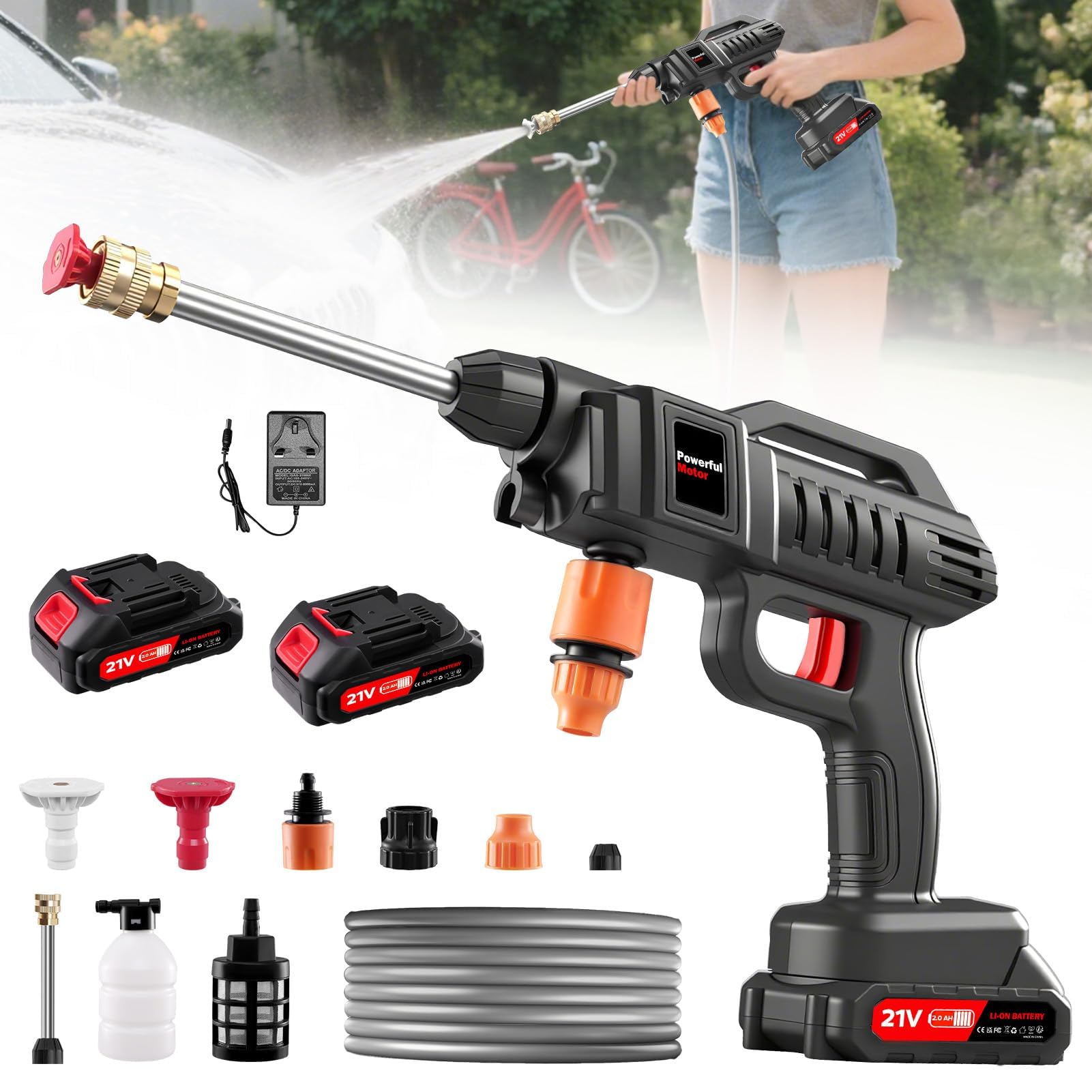 Cordless Pressure Washer Battery Powered, 1500W Portable Power Washer, 60Bar/870PSI Electric Pressure Washer Handheld High Pressure washers Gun with 2 Nozzles, 2 Battery, 5m Hose Cordless Jet Washers-image-45