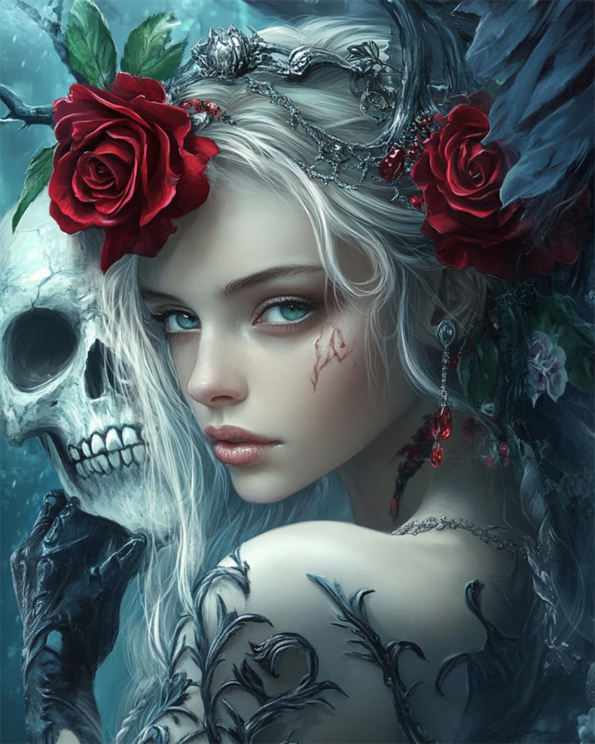 Rkflgew E Diy Seed Bead Mbroidery Kits Skull Woman And Flowers Needlepoint Kits Bead Cross Stitch 3D Beaded Painting Handcraft 30X40cm