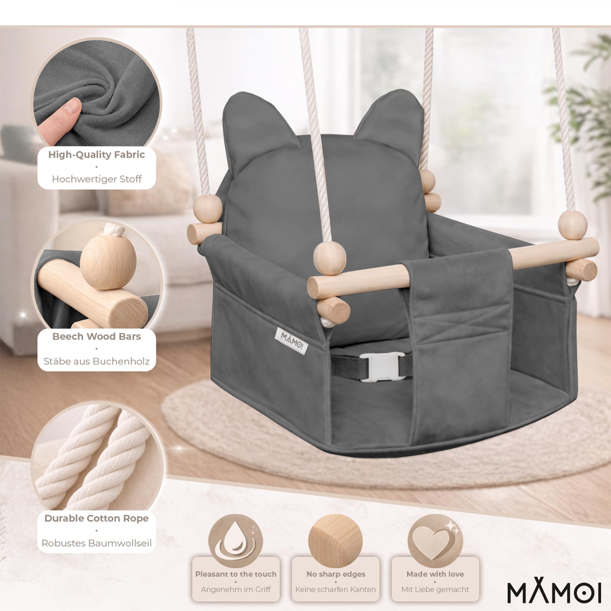 MAMOI Babyschaukel mit Sicherheitsgurt – Kinderschaukel für 6–36 Monate, max. 20 kg, Indoor