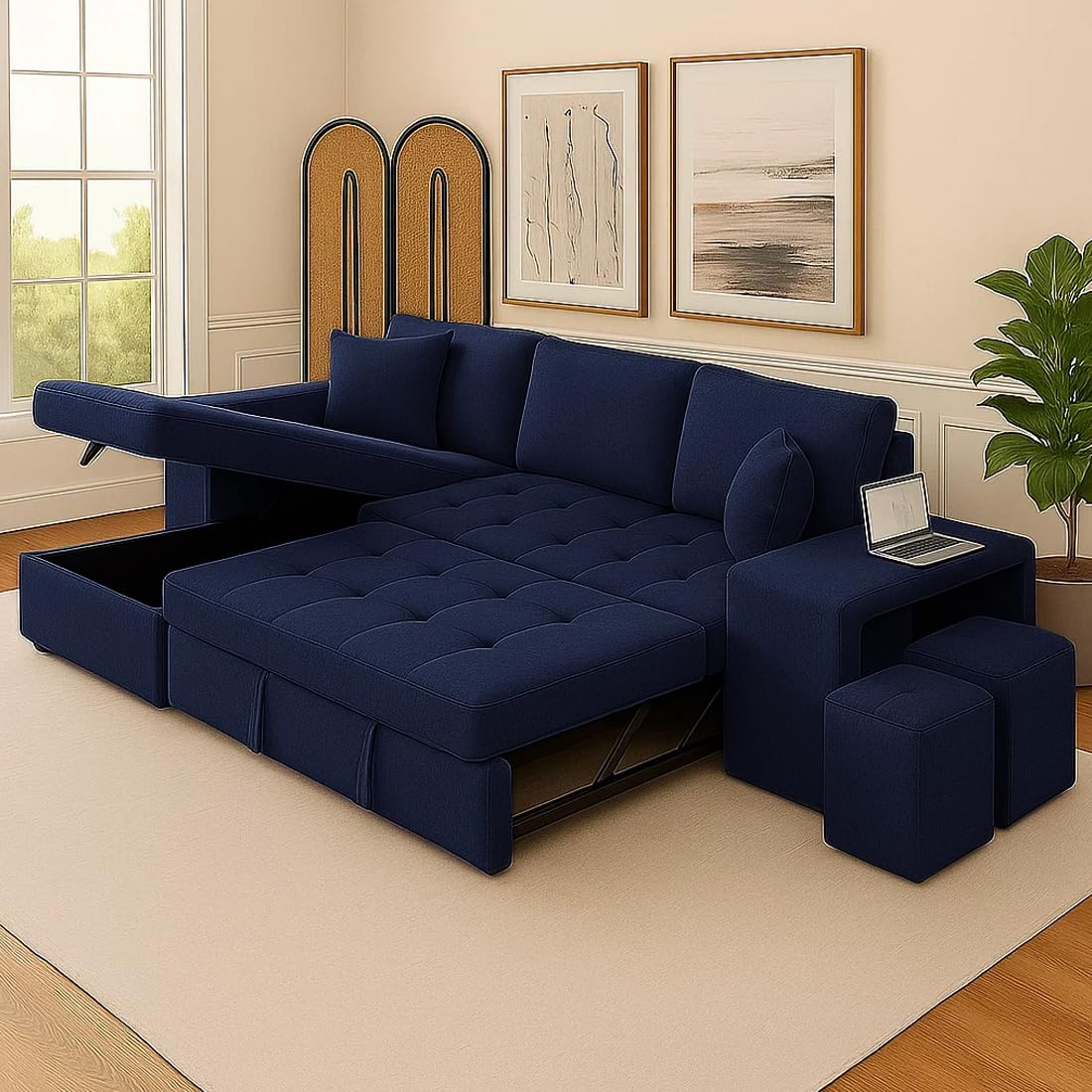 FURNY Holland 6 Seater Fabric LHS L Shape Pull Out Sofa Cum Bed with Storage & 2 Puffy for Living Room (Blue)