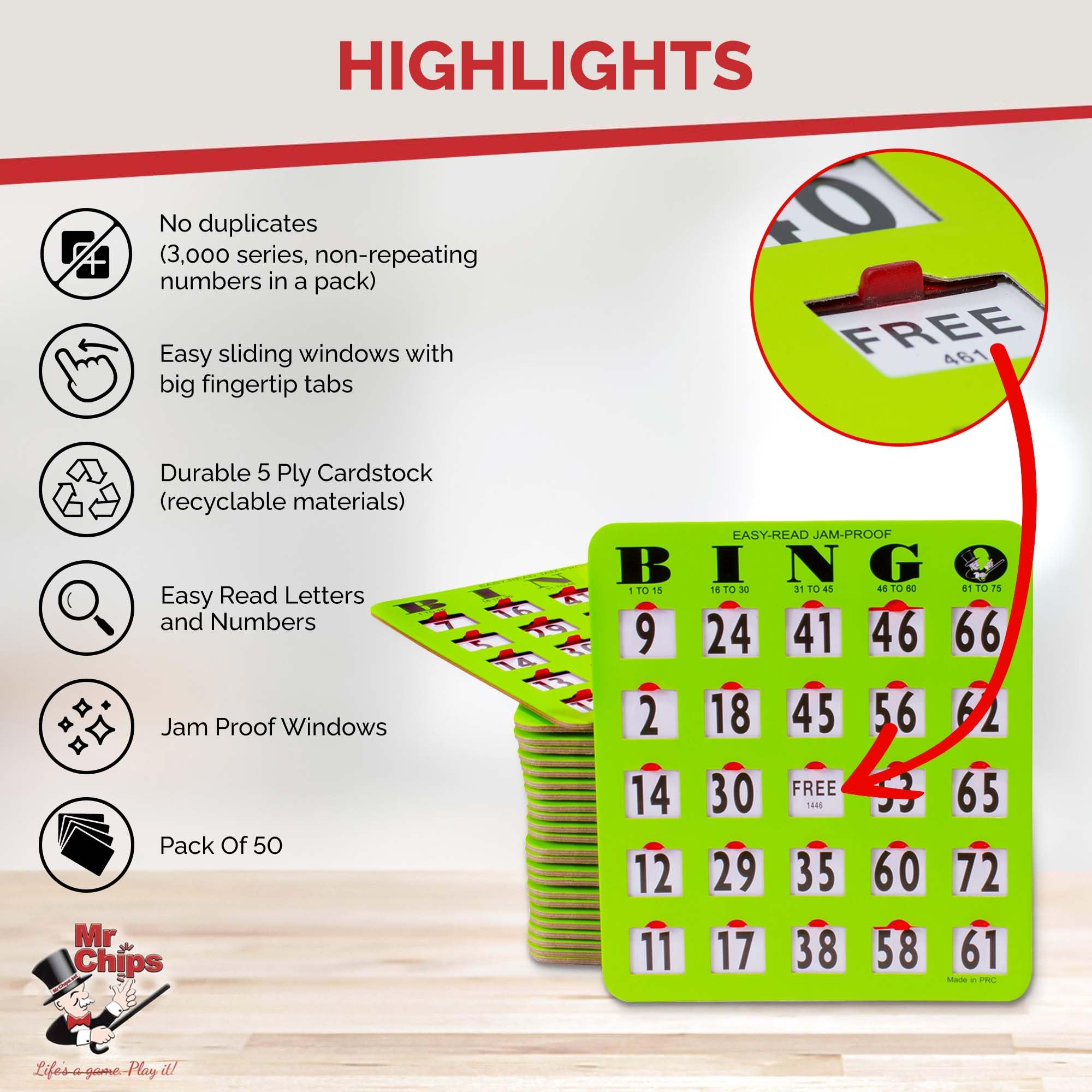 Fácil leer Jam prueba Bingo tarjetas de obturador por el Sr. Fichas, Inc