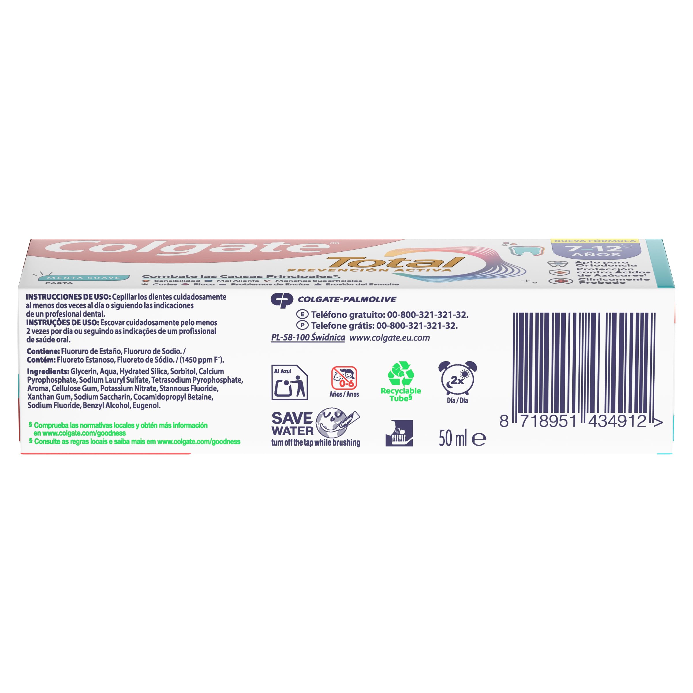Colgate Total Junior Lot de 12 dentifrices pour enfants, 50 ml, protection complète, dentifrice contenant du fluor, protection anti-caries, ingrédients antibactériens, produit recyclable