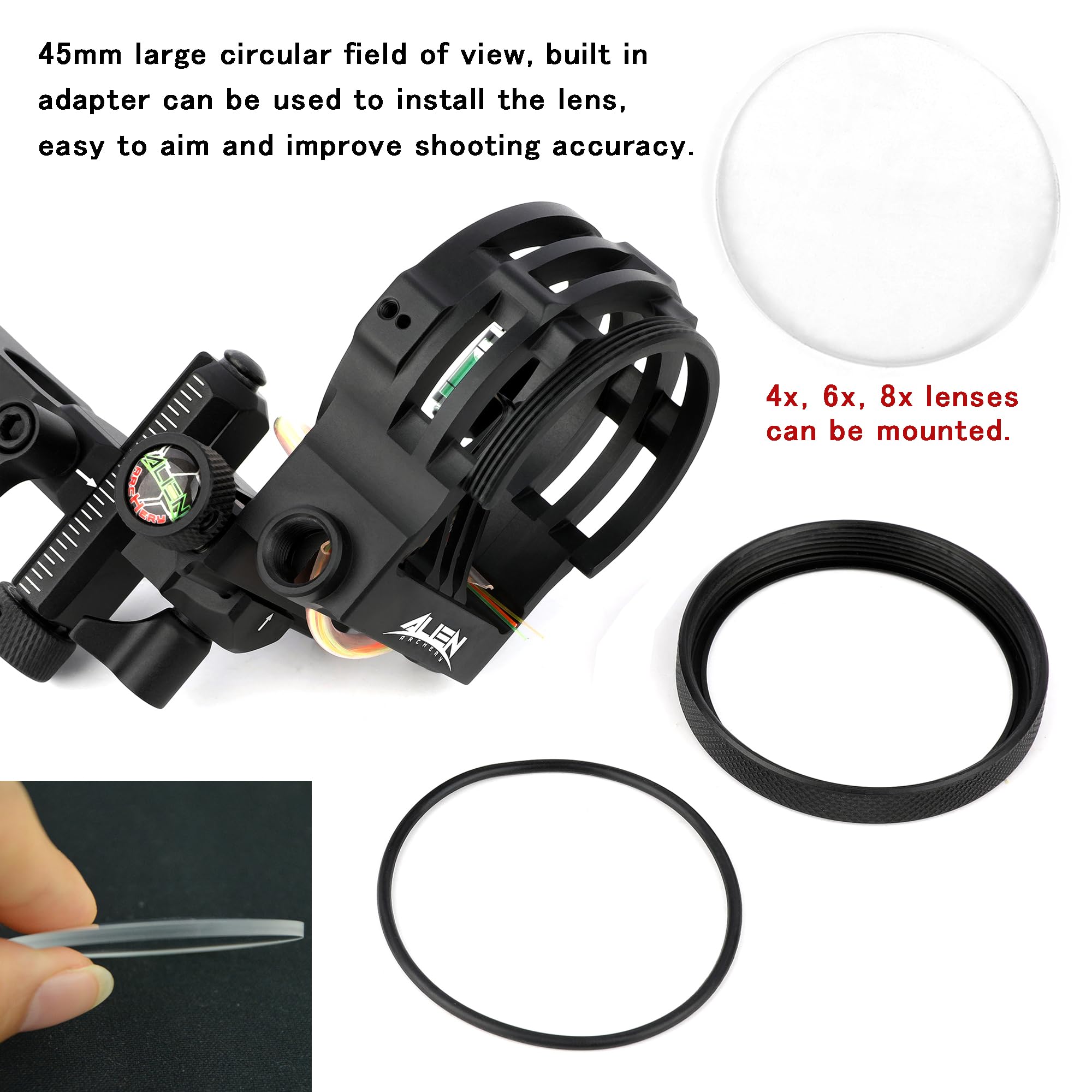 Compoundbogenvisier 5 pin Bogenvisier mit Visierlicht 0,019 Zoll Glasfaser Fein einstellbar 6X & 8X Linsenauswahl Bogenschießzubehör für Jagdschießen