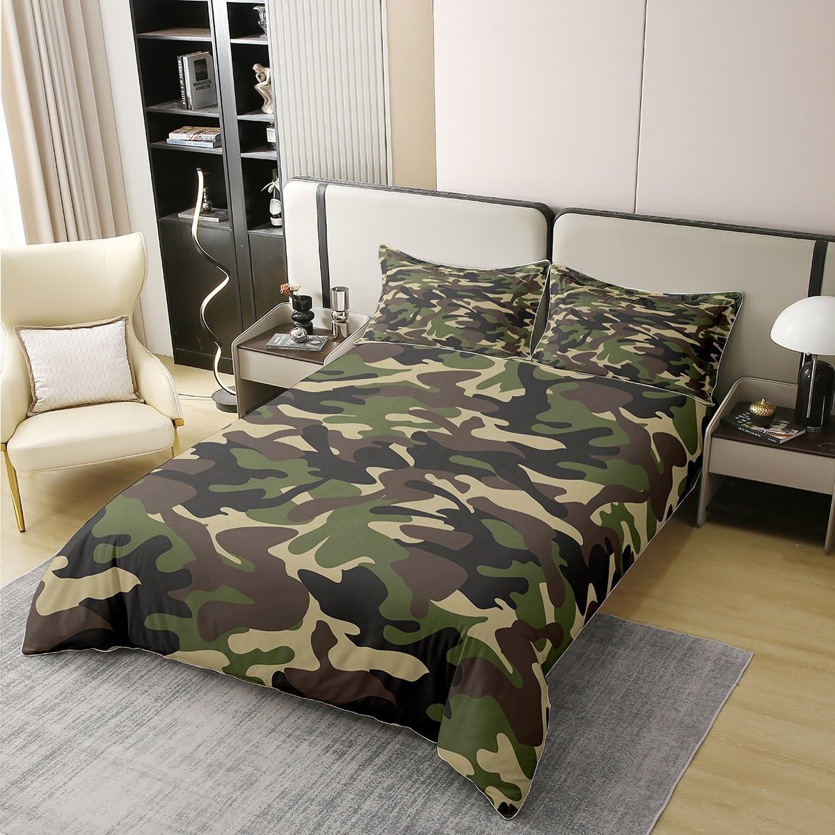 jejeloiu Camouflage Duvet Cover 100% Cotton Camo Bedding Set Set Military Style Rugs for Living Room Camouflage Print Green Brown Comforter Cover Set Bedspread Cover Queen Size
