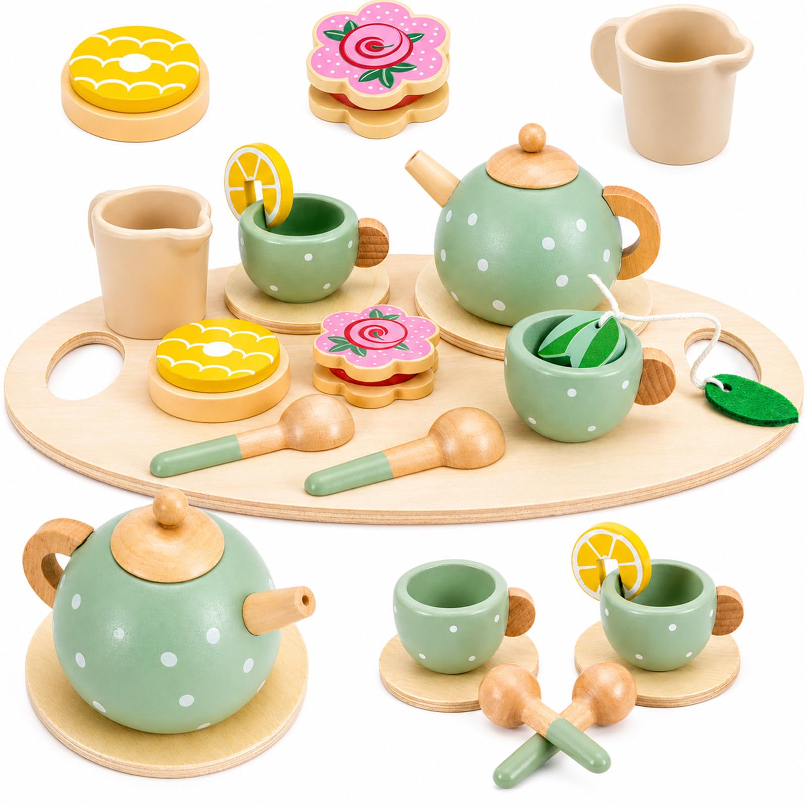 EVERGOODS Wooden Afternoon Tea Set for kid– Children’s Tea Party Set Teapot