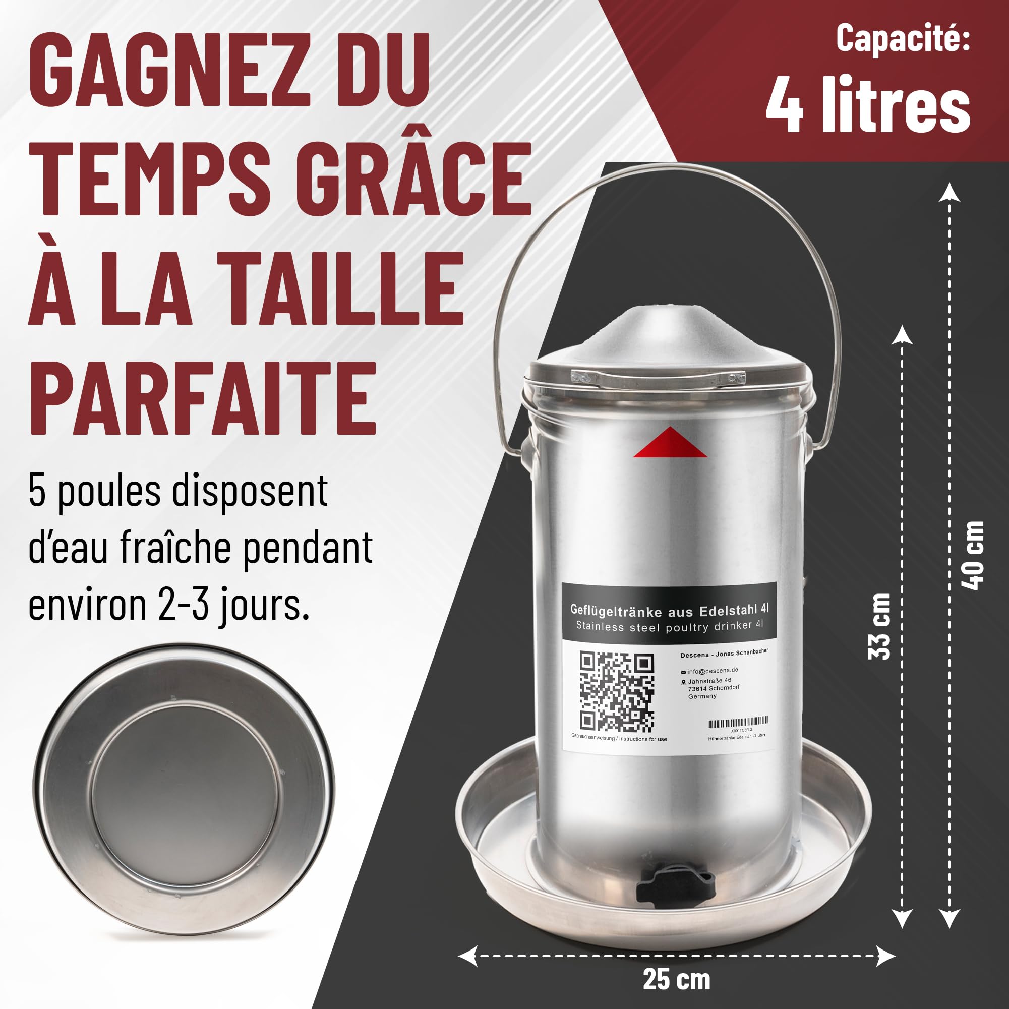 Descena Abreuvoir Poules 4L INOX – Remplissage par Le Haut | Acier inoxydable 304 (V2A), régulation automatique de l'eau, compatible lave-vaisselle et chauffe-abreuvoirs