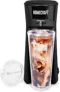 Homecraft Nostalgia 20 oz Iced Coffee Maker with Single Serve Insulated Titon Tumblr and Straw, Reusable Coffee Filter, Black