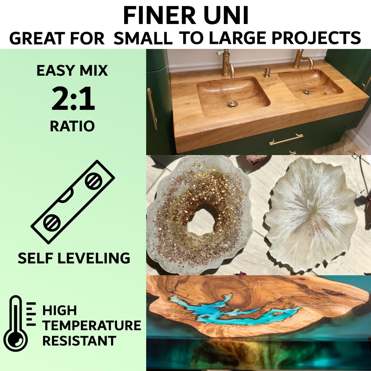 Finer Uni Resina epoxi con endurecedor 3 kg I Resina UV decorativa I Resina epoxi + endurecedor I Resina de exposición hasta 1,5 cm de fundición I 2:1