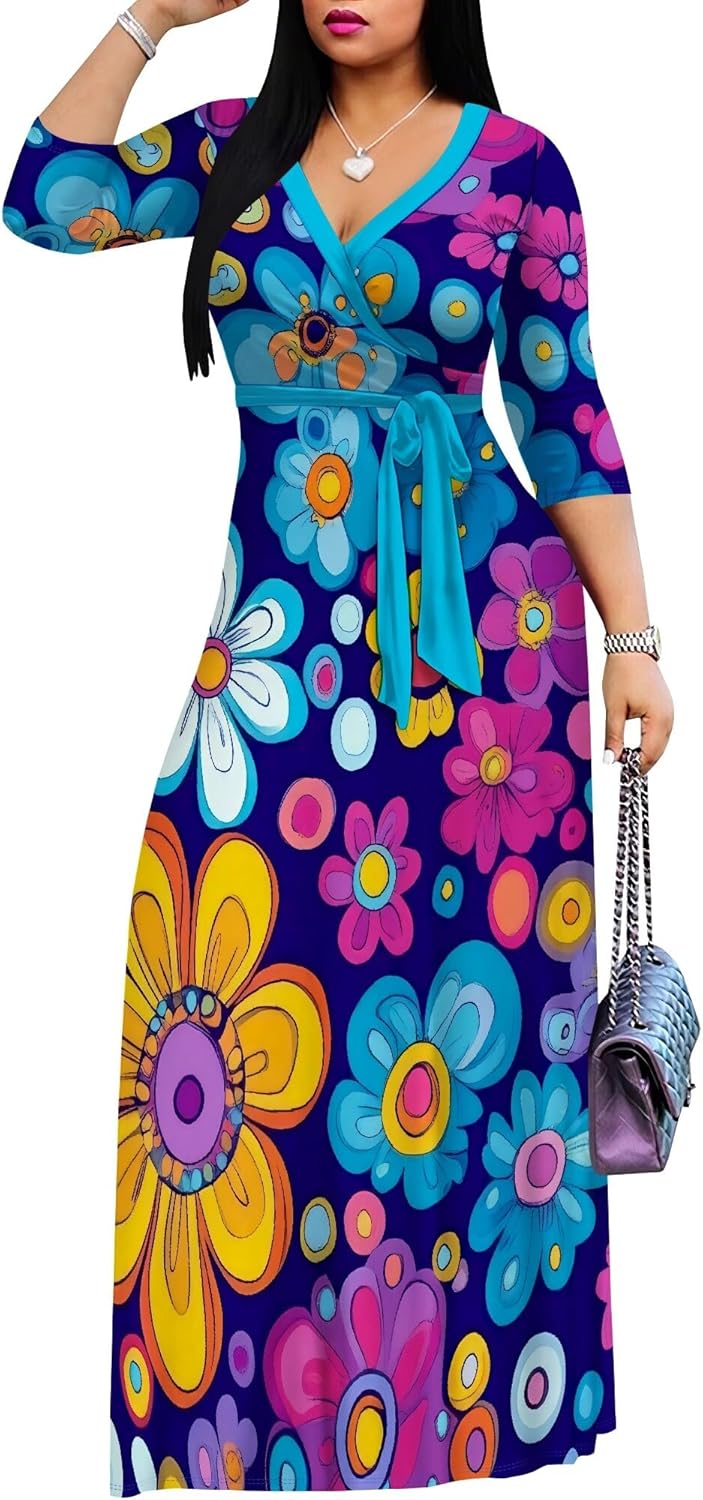 Women's Maxi Dress 3/4 Sleeve Wrap Casual V Neck Floral Print with Belt - Image 2