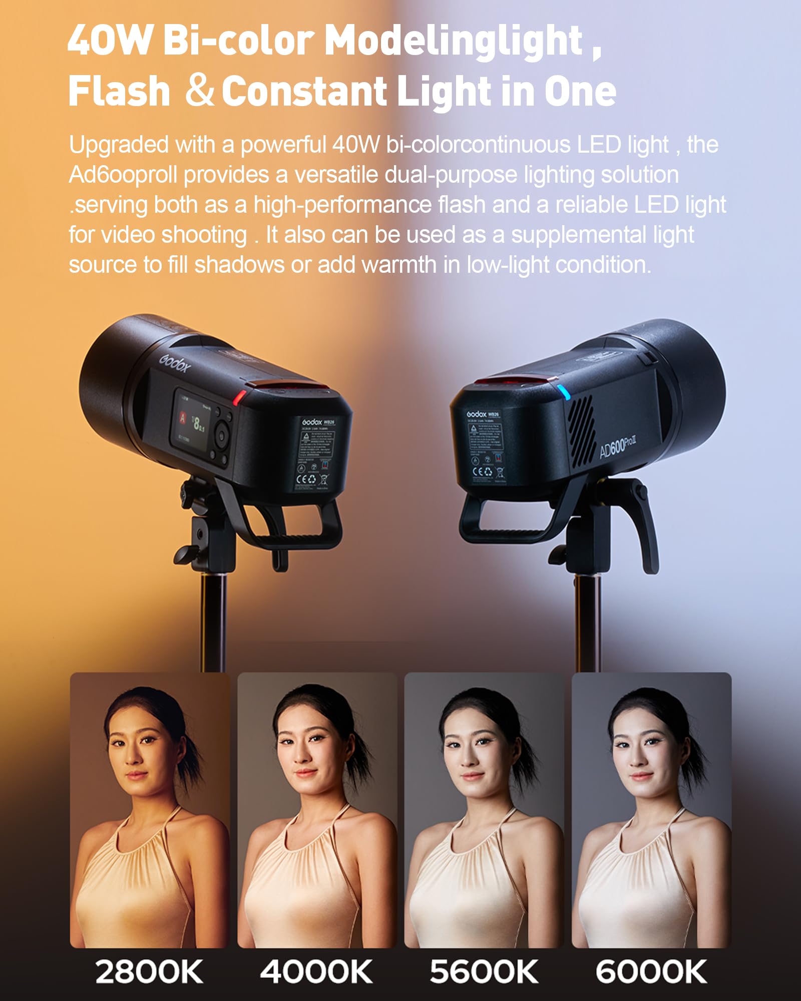 Godox AD600ProII Studioblitz Monolicht, 600WS Blitzlichtfotografie 2.4G TTL 1/8000s HSS Blitz im Freien,GN87 40W Bi-Color 2800K-6000K, 0.01s~0.9s Recyclingzeit, 2600mAh Lithium Batterie