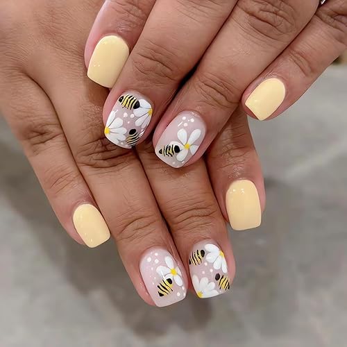 Square Flowers Press on Nails Short Square Yellow Fake Nails