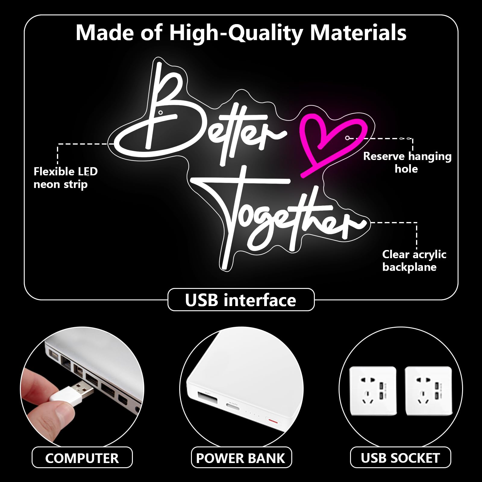 Better Together Cartel de neón de compromiso blanco cálido LED cartel para decoración de pared Letra LED Letra USB Luz de neón para boda, club, aniversario, dormitorio, cumpleaños, fiesta, bar