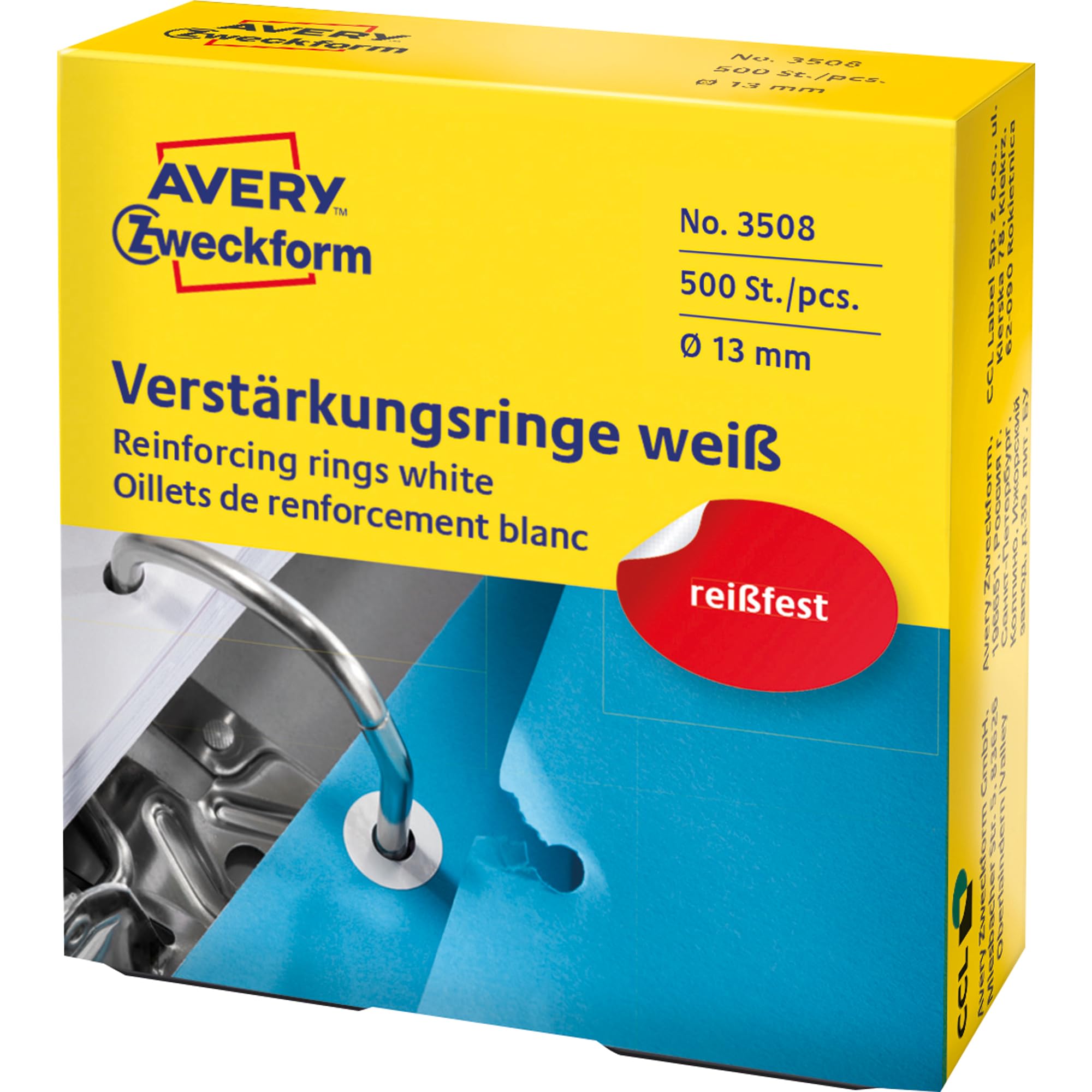 Avery Zweckform 3508 Anelli di rinforzo per fogli 13 mm, 500 sztuk, biały