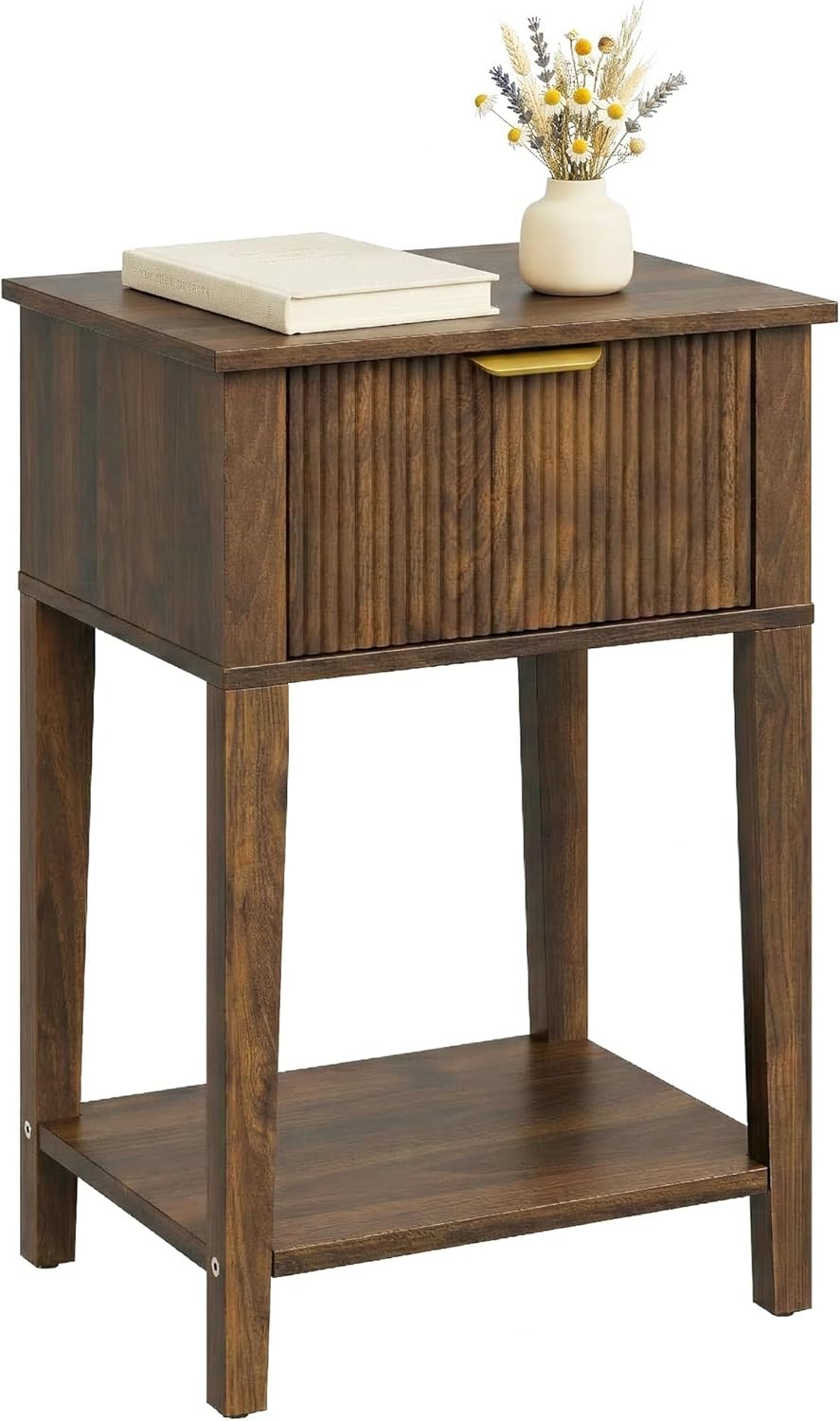 Narrow Nightstand for Small Spaces, 12" Deep x 15" Slim Wood Bedside Table with Drawer & Shelf, Rustic Mid-Century End Table for Bedroom & Apartment - Walnut