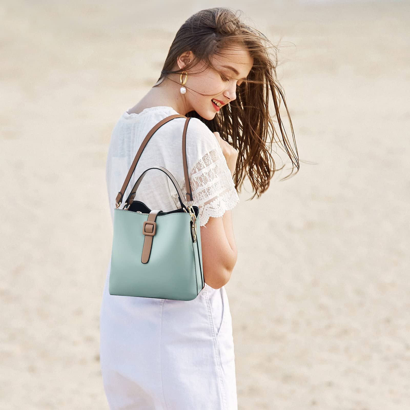 NICOLE & DORIS Piccola Borsa a Tracolla Borse a Mano da Donna Casual Borsa a Secchiello Borse in PU Pelle Morbida Elegante Borse a Spalla con Due Spallacci Verde
