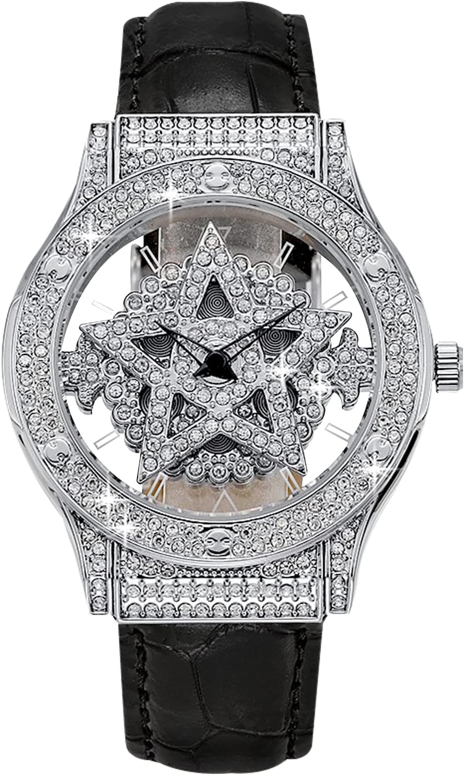 RORIOS Fashion Dress Women's Watch Full Diamonds Watch Analog Quartz Wristwatch with Leather Strap Pentagram Dial Watch for Ladies