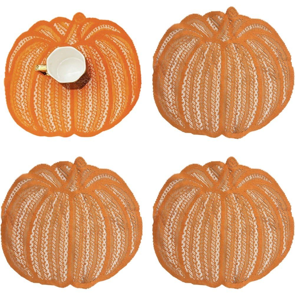 Stakee Style 2 4Pcs Thanksgiving Table Mat, Pumpkin Lace Placemats, Woven Table Placemats Farmhouse Place Mats For Harvest Thanksgiving Table Decoration