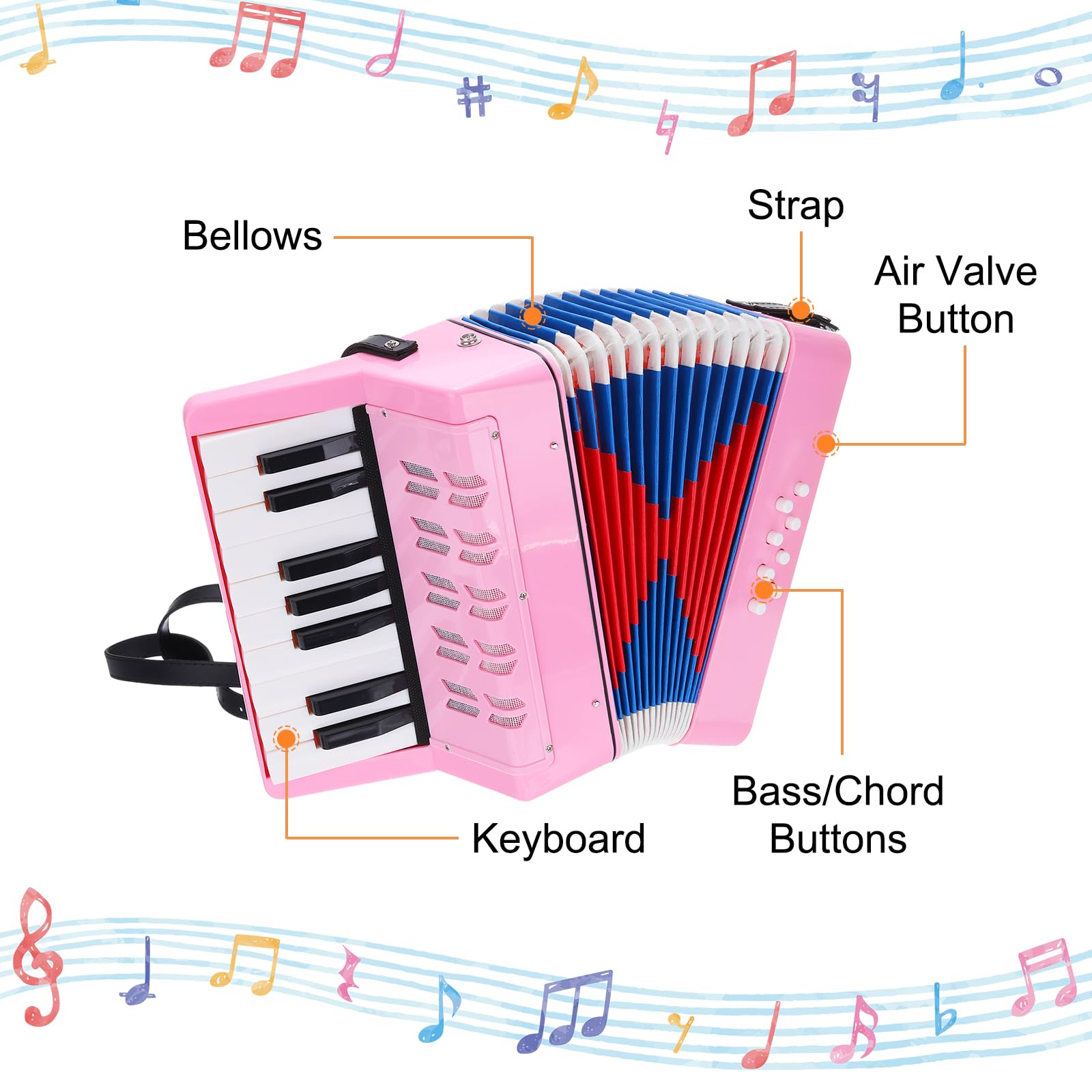 QUARKZMAN Accordion, 17 przycisków, 8 przycisków basowych, zabawka akordeonowa, mini instrument muzyczny, lekki, dla dorosłych, początkujących, do nauki, różowy