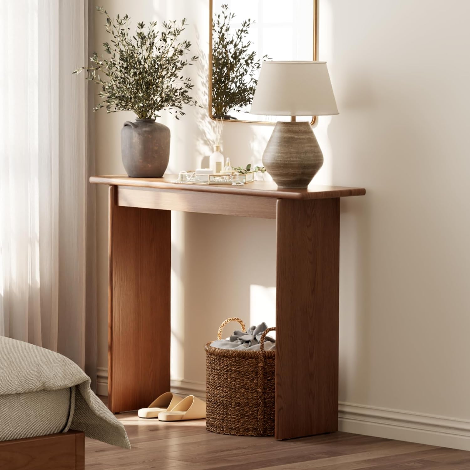 AQIMUELE Walnut Console Table Thin Rubberwood Minimalist Mid-Century Style | Stable and Sturdy 39.4" W x 11.8" D x 31.5" H for Entryway/Sofa Back