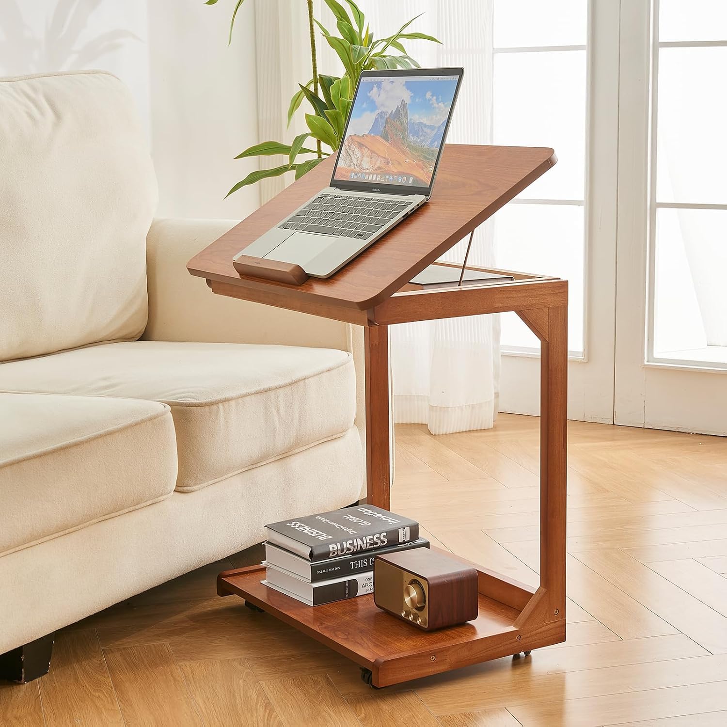 Uniclinens Rolling Side Table, C Shape End Table Slide Under Sofa, Couch Tables, Wooden Sofa Desk with Wheels, Small TV Tray for Laptop Living Room Bedroom, Teak