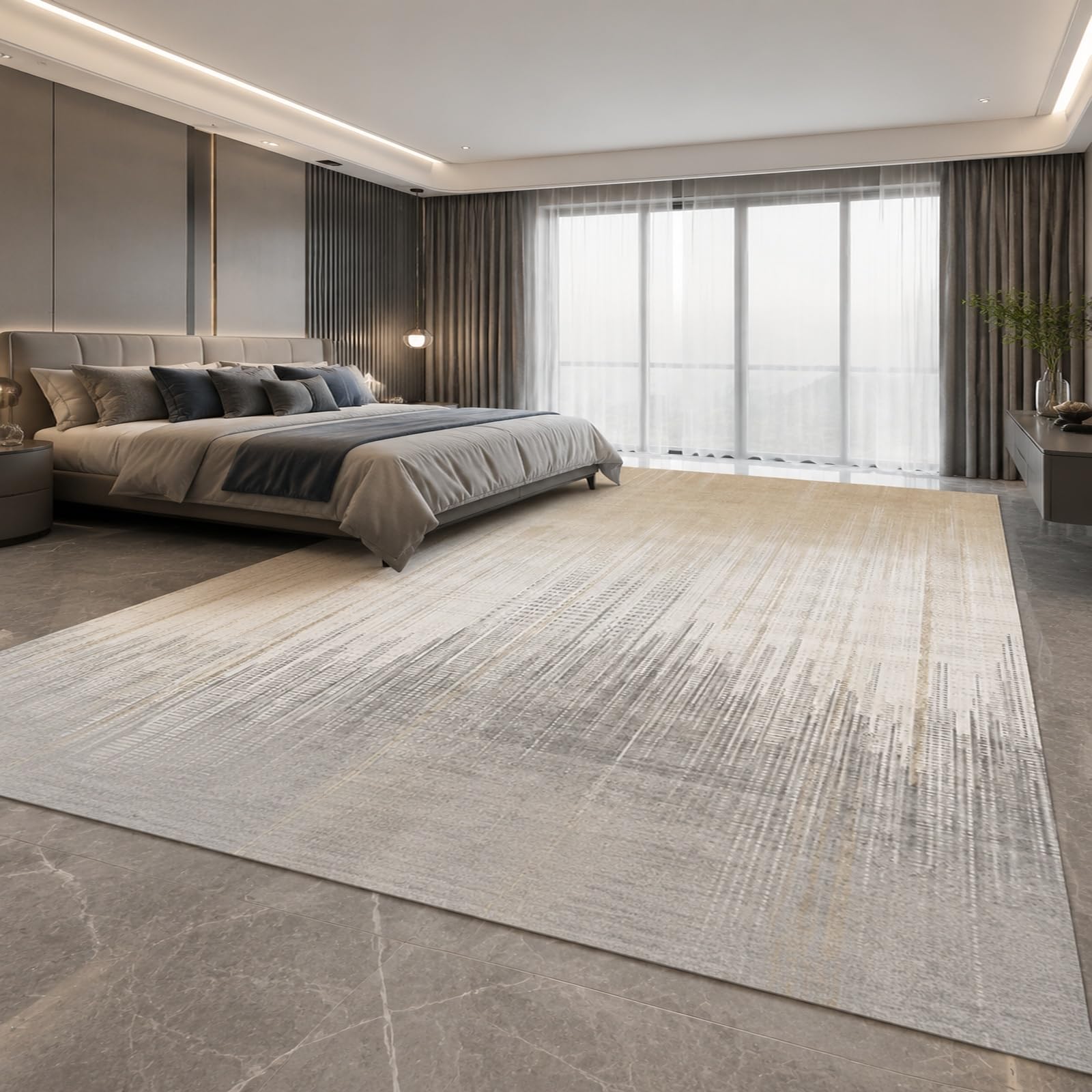 Tapis extérieur balcon et intérieur moderne abstrait beige gris blanc grand format 200x280cm