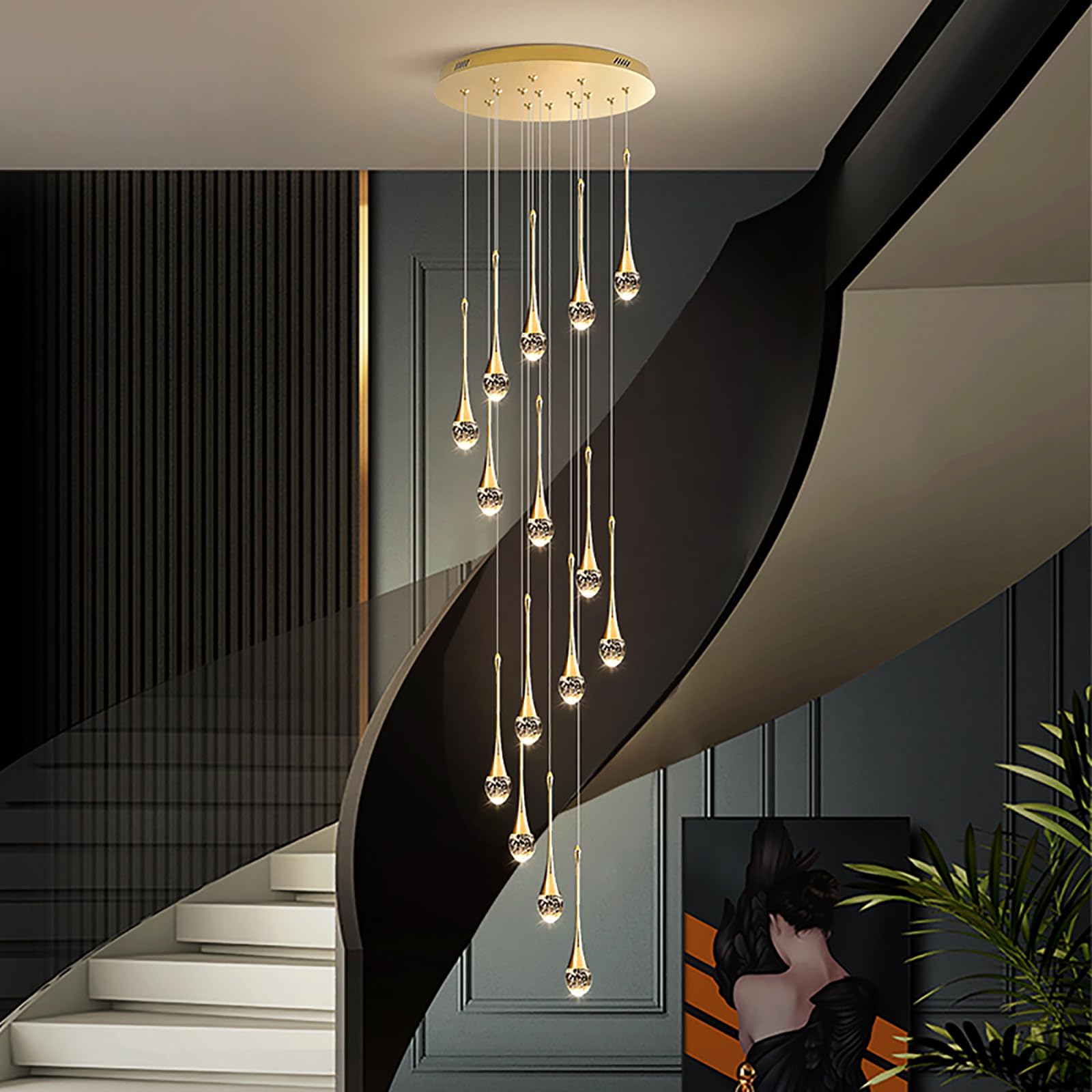 PCXEHUYP Raindrop Crystal High lights Staircase Chandelier with Remote Dimmable,Adjustable Height Long Pendant Ceiling Light Fixture for
