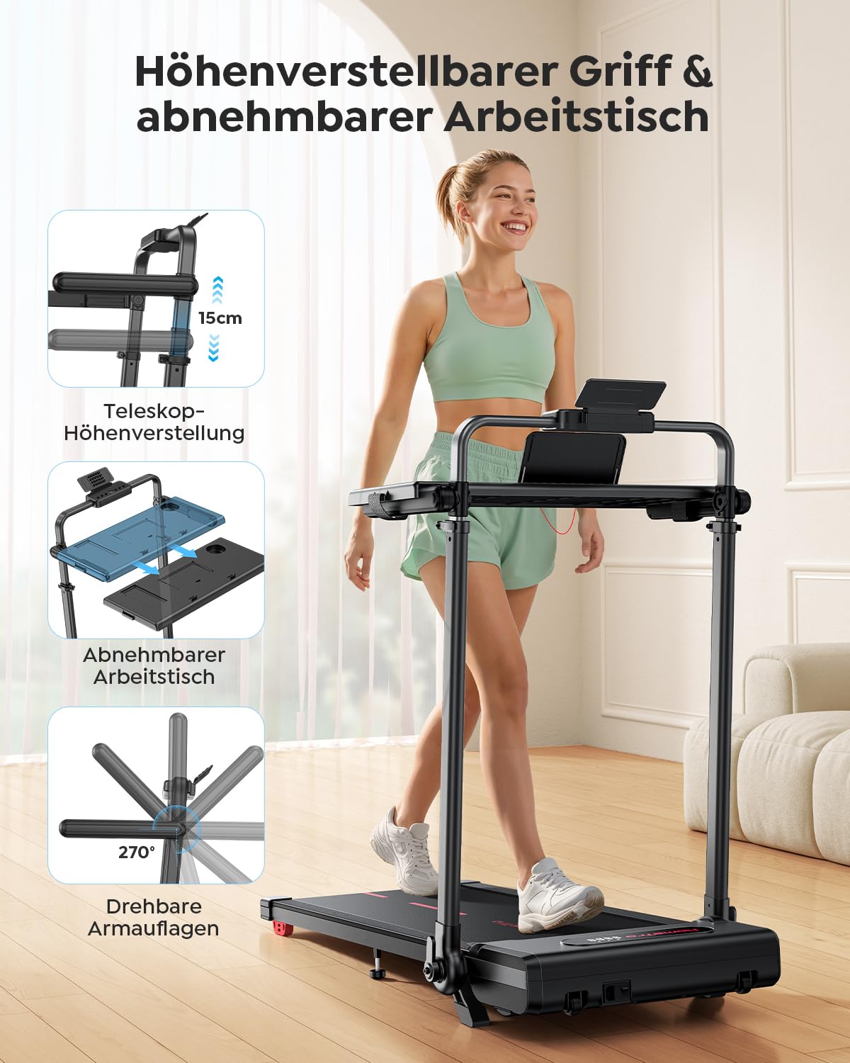 Laufband für Zuhause Klappbar mit 7% Steigung, All-in-1 Walking Pad bis 12 km/h mit 3,0 PS Leisem Motor, Höhenverstellung bis 150mm & Abnehmbarem Schreibtisch, APP und Fernbedienung