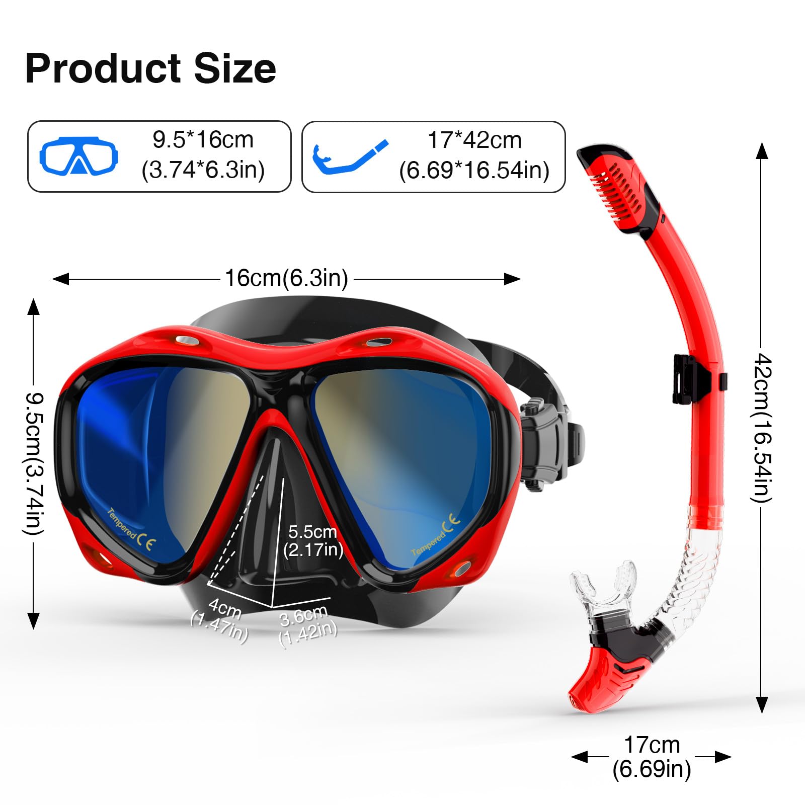 Maschera da snorkeling per adulti, con lente in vetro temperato a specchio, ampia visuale a 180°, anti-appannamento, set professionale per immersioni subacquee, regalo per donne, mamma, uomini, papà