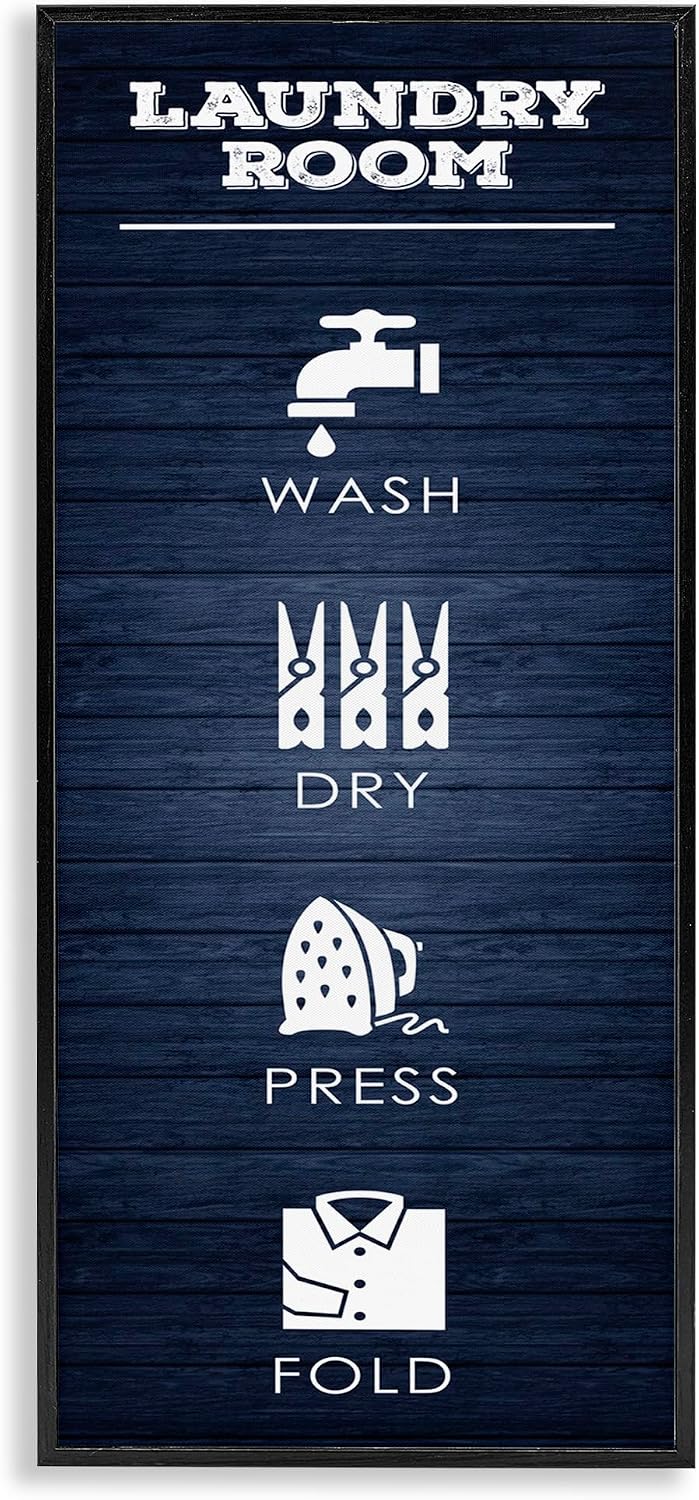 Stupell Industries 'Laundry Room Icons Rustic Blue', Framed Giclee Art, Black, 10 x 24 Inches, Easy to Hang and Sturdy, Made in USA, by Melody Hogan