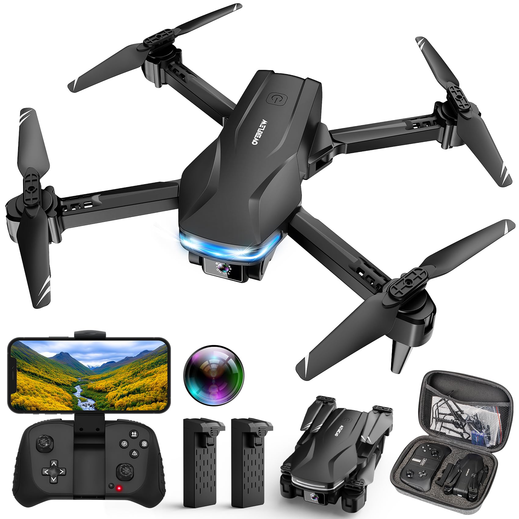 Drones with Camera for Adults 1080P HD Foldable Drone with Carrying Case Drone with One Key Take Off/Land, 3 Speed Mode, 360° Flip Black