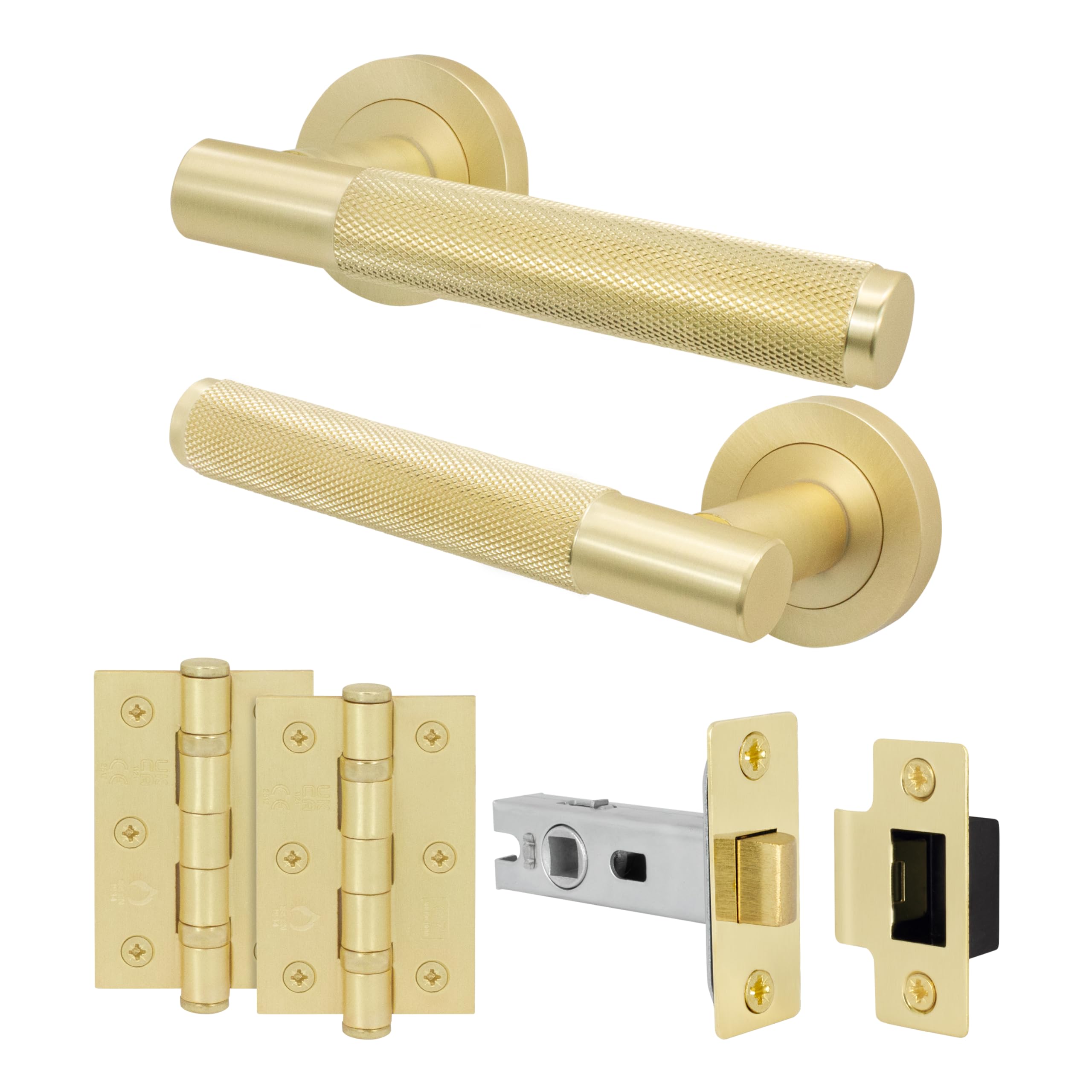 Eai Satin Brass Brass Door Handle Latch Set, Internal Door Handle With 64Mm Latch And 76Mm Hinges, Varri Range 1 Pack