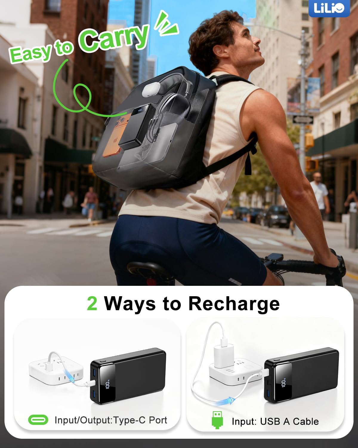 LILIO Cargador portátil, batería de 60,000 mAh, batería externa de 22,5 W, carga rápida con cable USB, cargador de teléfono para iPhone 17/16/15/14/13 todas las series/Samsung/Android, camping