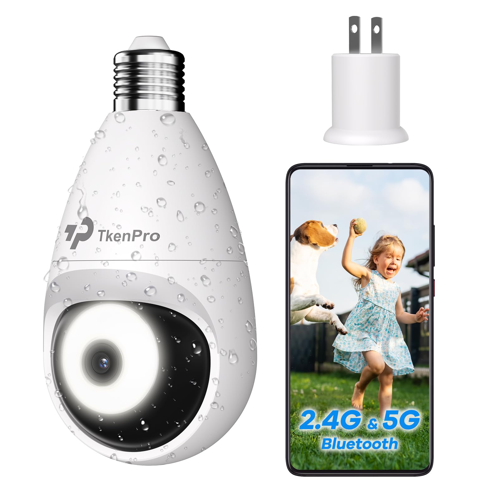 TKENPRO3K Light Bulb Security Camera Wireless Outdoor, IP65 Waterproof Security Camera Indoor with 5G&2.4G, Full-Color Night Vision, 5MP Security Camera