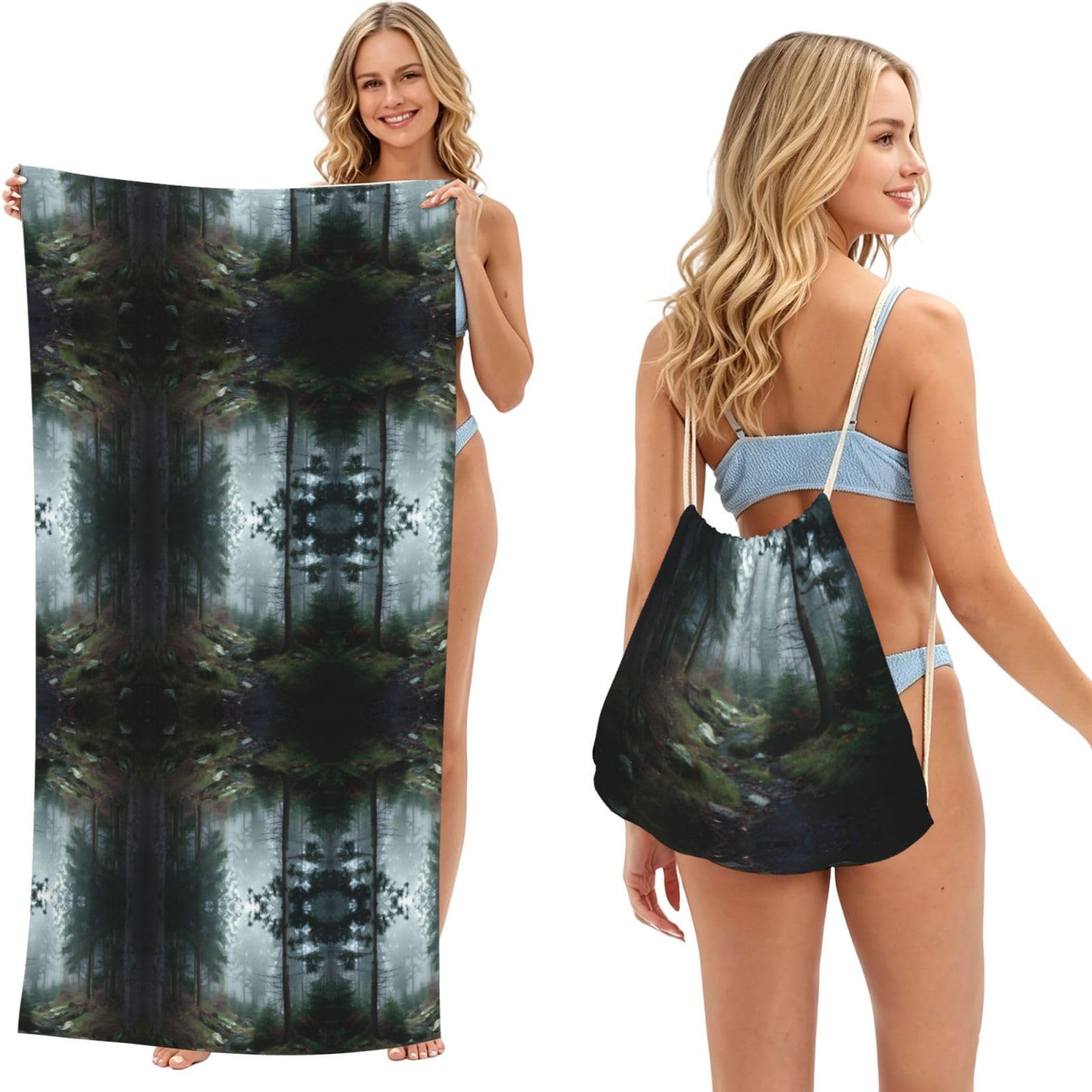 EZDLOWVBA Misty Forest Print Beach Towel Backpack 2 In 1 Summer Large Lightweight Beach Towel - Multifunctional Ship Pattern Towel Bag For Storage,Sport