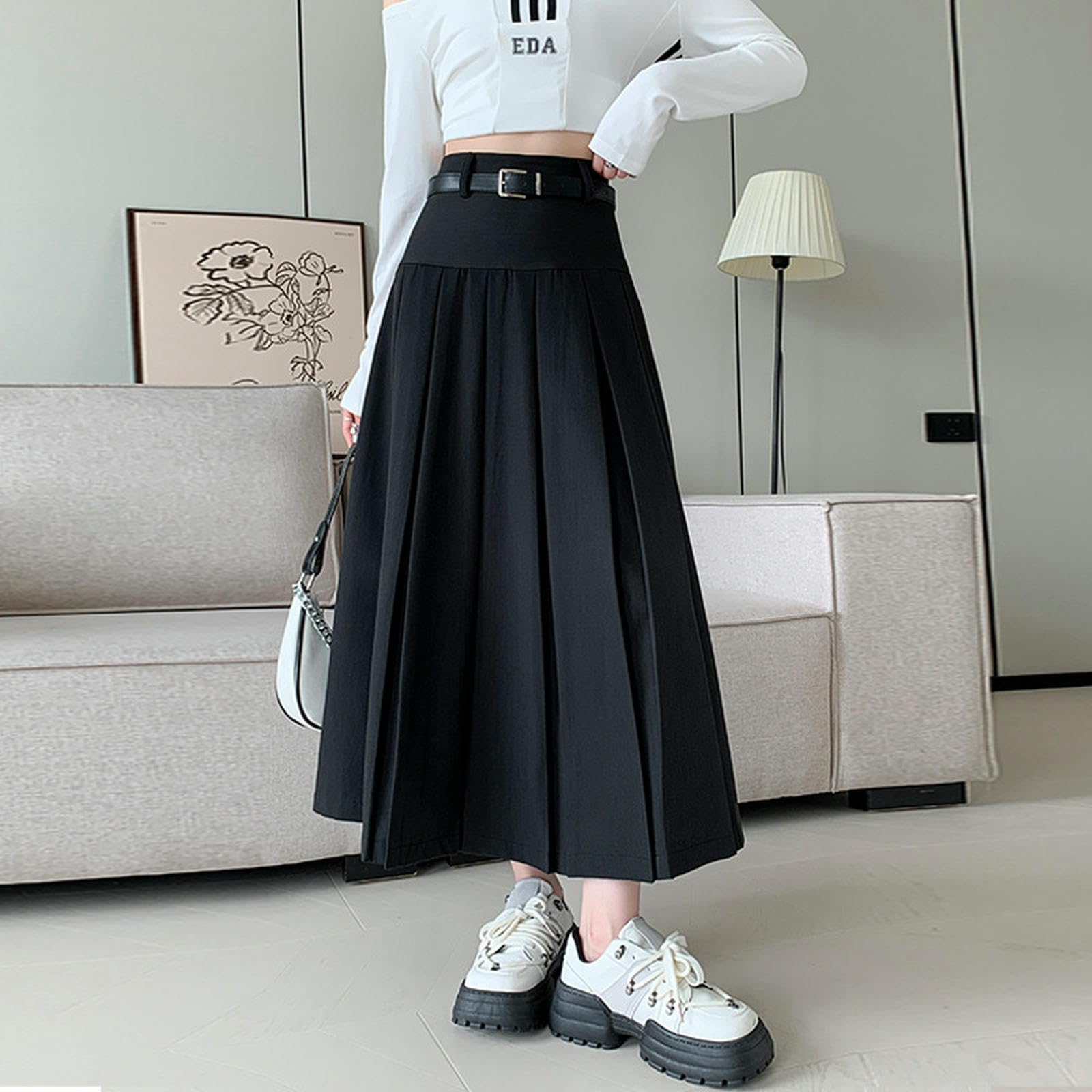 Rock Praller Midirock Für Damen Im Herbst Winter Mit Gürtel, Hohe Taille, A-Linie, Vielseitig-schwarz-s