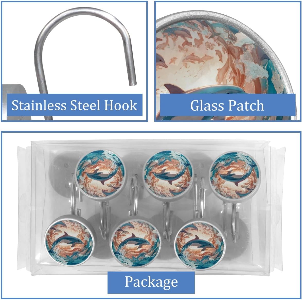 Dolphin 12Pcs Decorative Shower Curtain Hooks, Animal Art Design Rust Resistant Shower Curtain Rings, Stainless Steel Round Curtain Rods Hooks for Bathroom, Kitchen, Bedroom